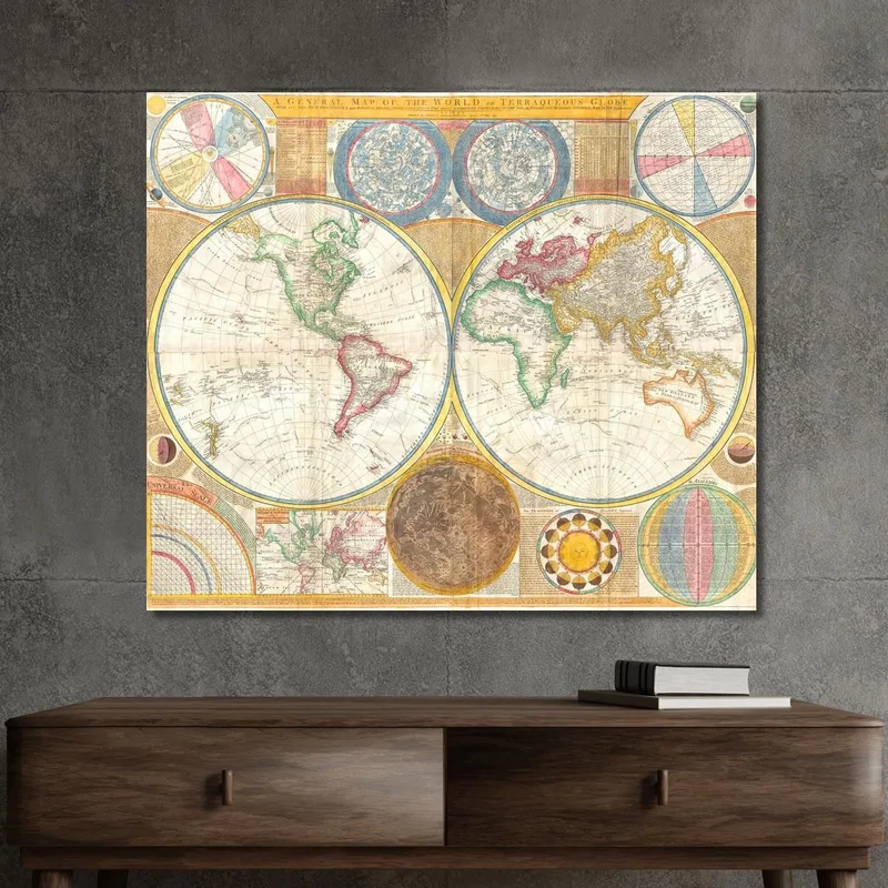 Cuadro Mapa Histórico Del Mundo Con Proyección Astronómica Y Detalles Geopolíticos