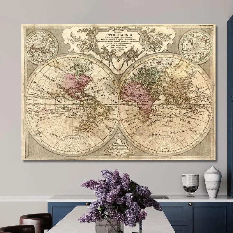 Tableau Carte Historique Du Monde Avec Projection Sphérique Et Détails Géographiques Précis
