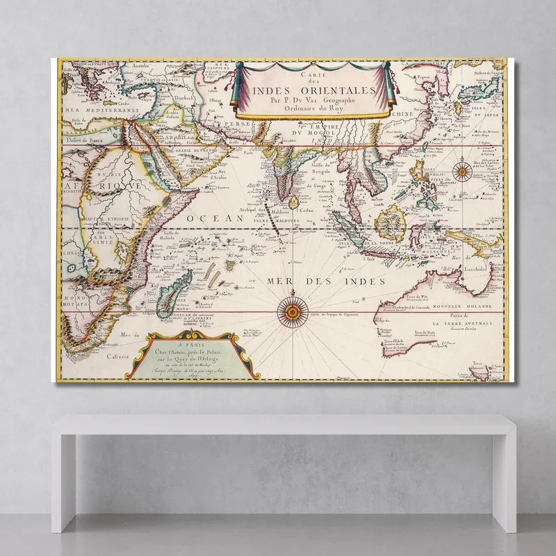 Cuadro Mapa Histórico De Las Indias Orientales Con Rutas De Navegación Y Fronteras Detalladas