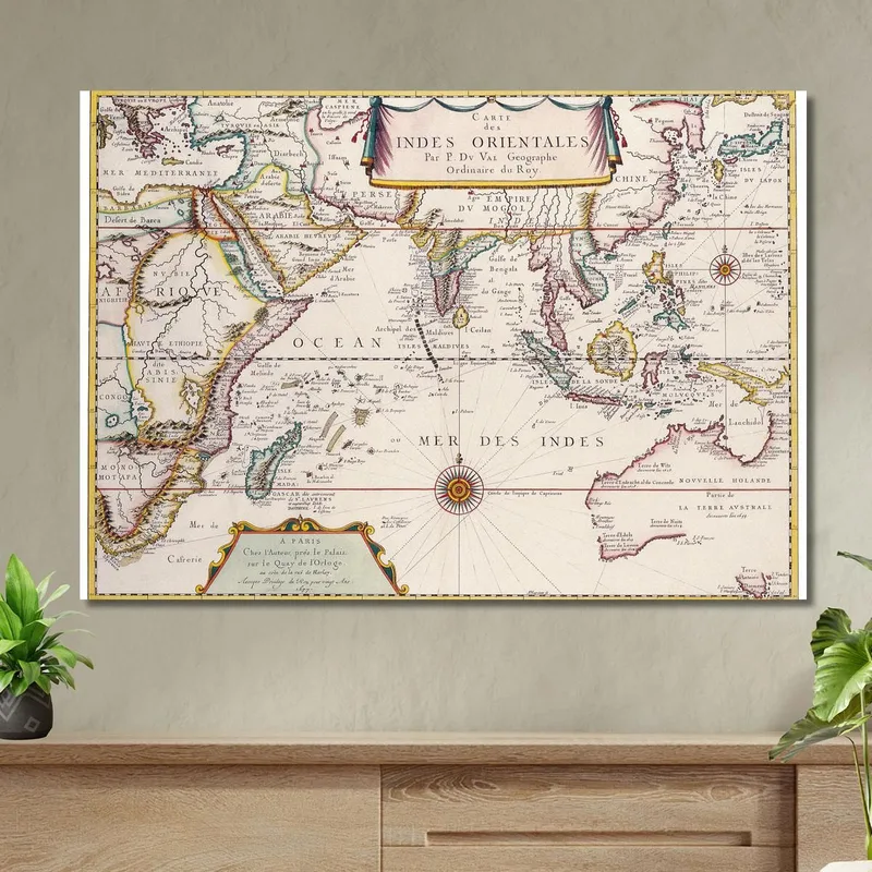 Cuadro Mapa Histórico De Las Indias Orientales Con Rutas De Navegación Y Fronteras Detalladas