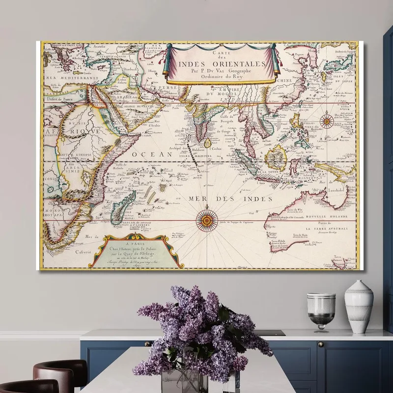 Cuadro Mapa Histórico De Las Indias Orientales Con Rutas De Navegación Y Fronteras Detalladas