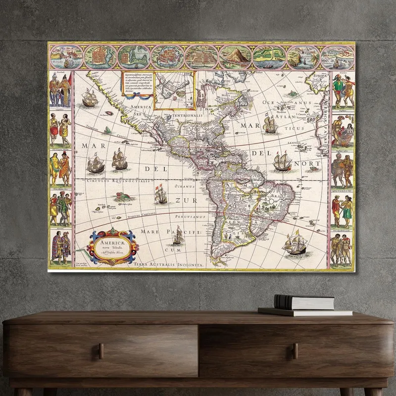 Tableau Carte Historique De L'Amérique Avec Représentation Détaillée Et Scènes De Vie Native