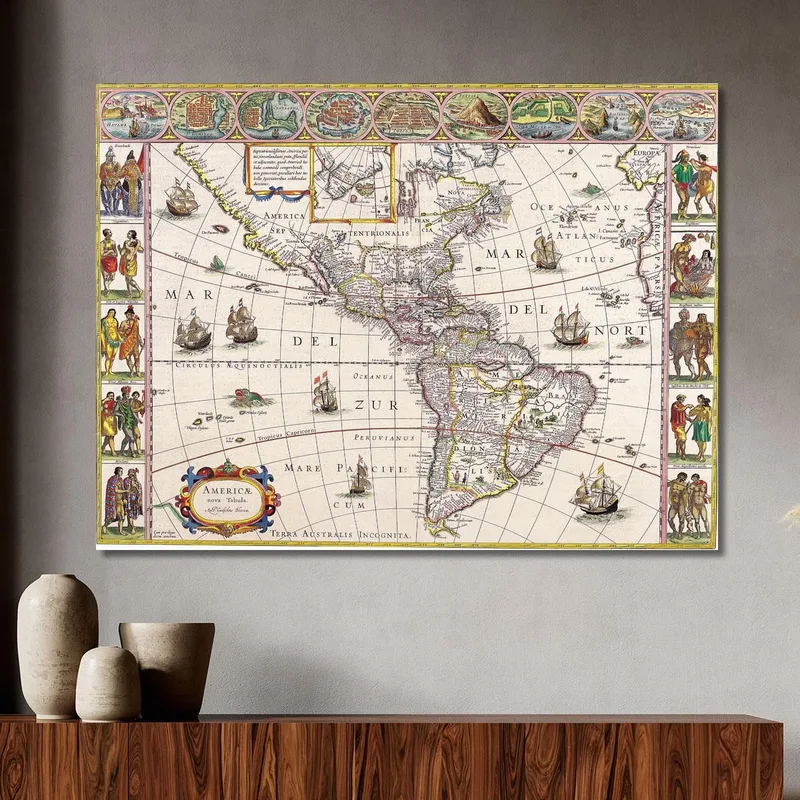 Tableau Carte Historique De L'Amérique Avec Représentation Détaillée Et Scènes De Vie Native
