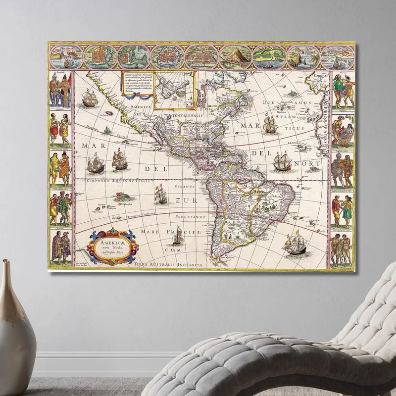 Tableau Carte Historique De L'Amérique Avec Représentation Détaillée Et Scènes De Vie Native
