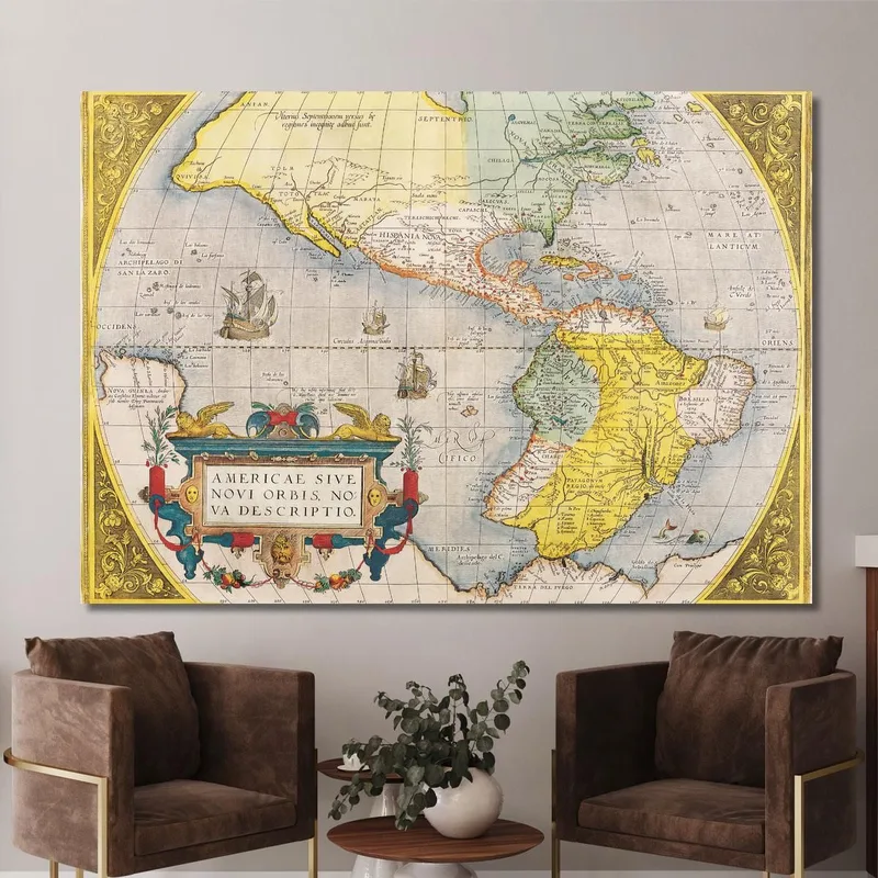 Cuadro Mapa Histórico De América Con Rutas De Navegación Y Barcos Antiguos