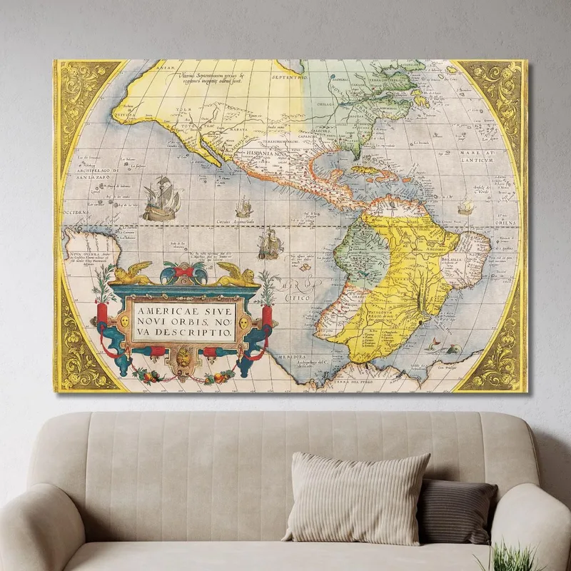 Cuadro Mapa Histórico De América Con Rutas De Navegación Y Barcos Antiguos