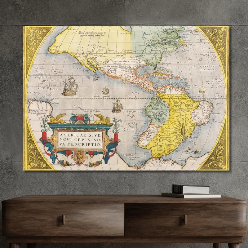 Cuadro Mapa Histórico De América Con Rutas De Navegación Y Barcos Antiguos