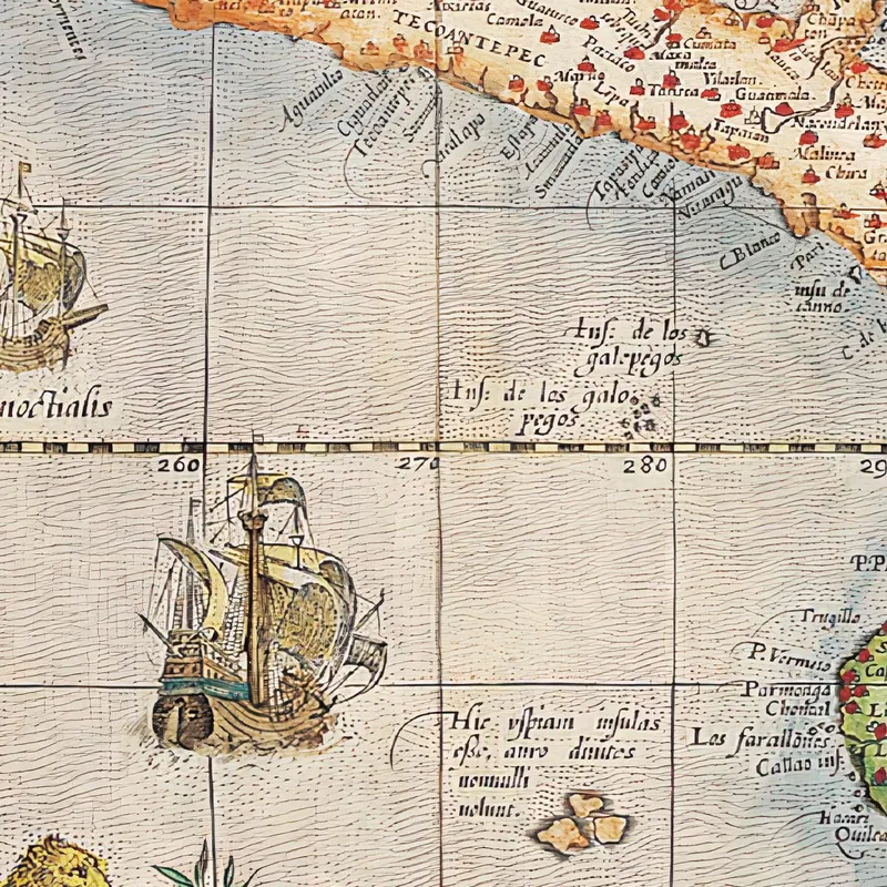 Cuadro Mapa Histórico De América Con Rutas De Navegación Y Barcos Antiguos