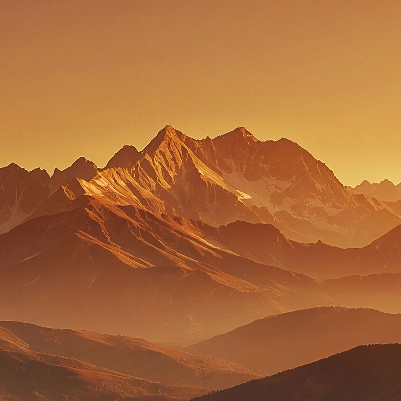 Peinture De Montagnes Coucher De Soleil Doré Projetant Des Ombres Sur Les Crêtes Des Montagnes