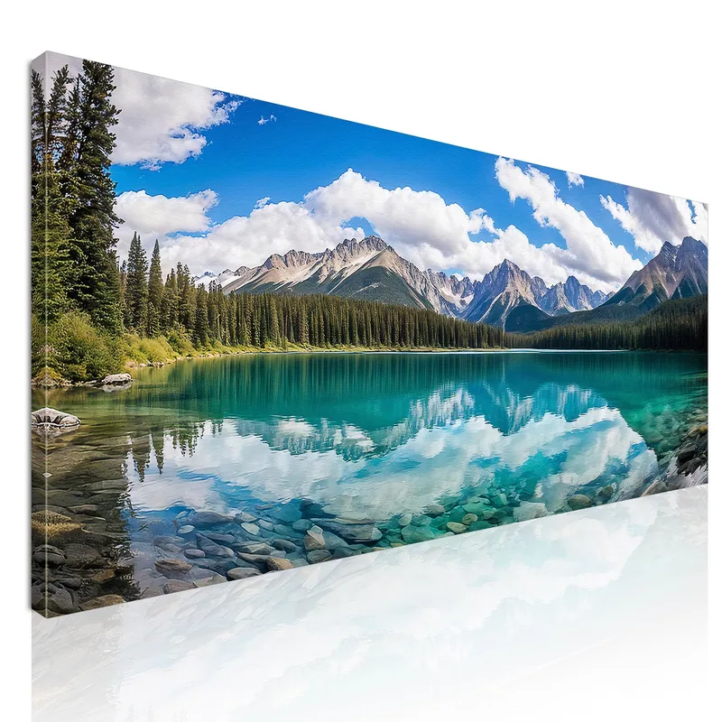 Poster Xxl Montagnes Lac Serein Avec Une Eau Cristalline Reflétant Les Montagnes Escarpées tableau impression sur toile