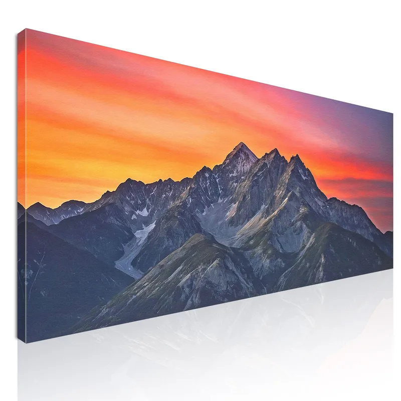 Peinture De Montagnes Coucher De Soleil Spectaculaire Sur Les Majestueux Sommets Des Montagnes tableau impression sur toile