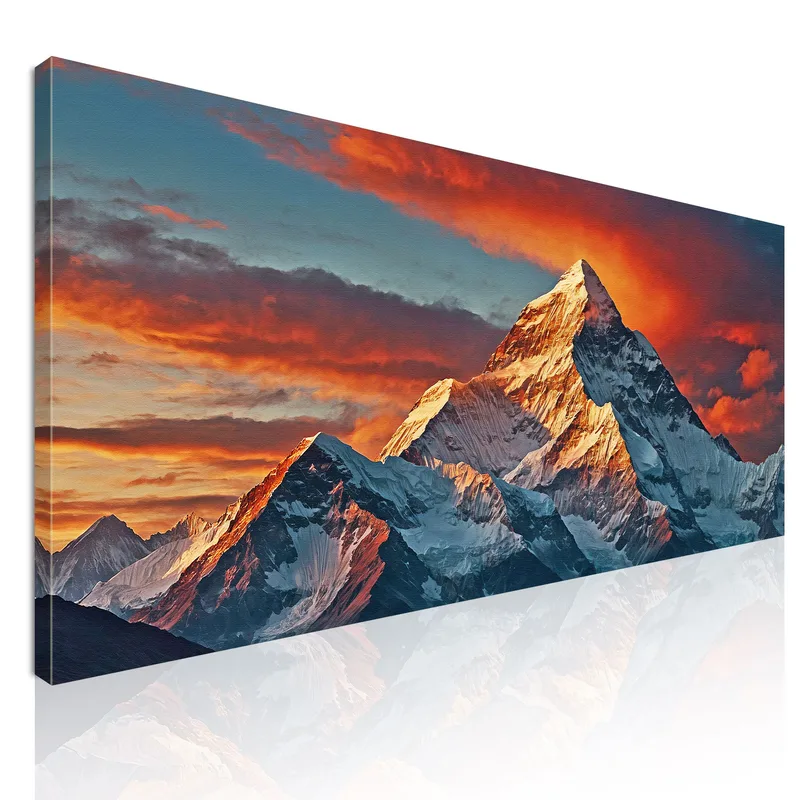Peinture De Coucher De Soleil Sur Les Montagnes Qui Illumine Les Majestueux Sommets Enneigés tableau impression sur toile