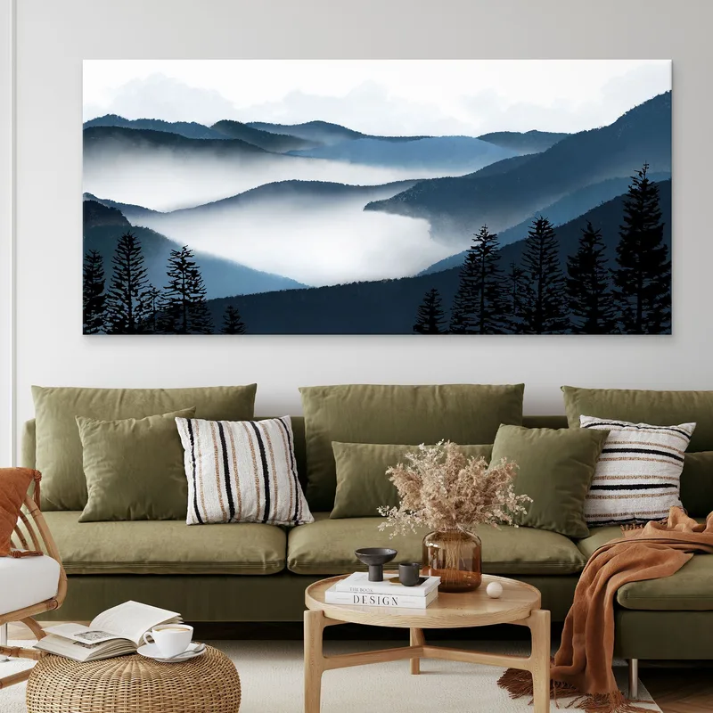 Peinture De Paysage Abstraite Art Paysage Montagneux Brumeux Avec Forêt Et Collines Bleues
