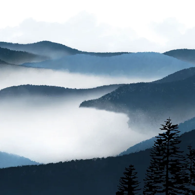 Peinture De Paysage Abstraite Art Paysage Montagneux Brumeux Avec Forêt Et Collines Bleues