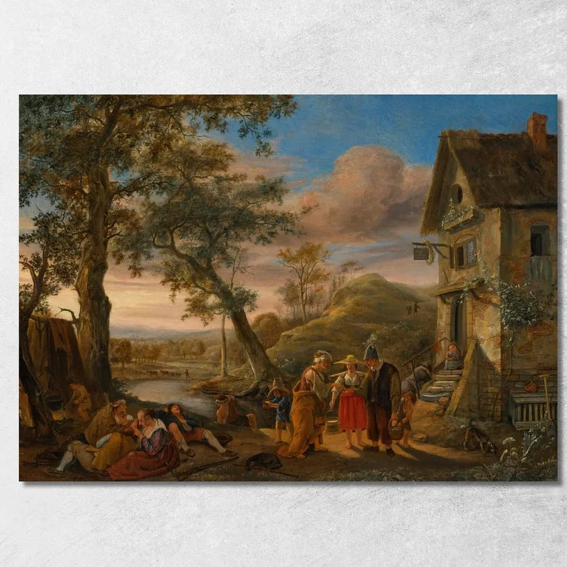 Eine Wahrsagerin Und Bauern Vor Einem Gasthaus Mit Flusslandschaft Im Hintergrund Jan Steen drucken auf leinwand