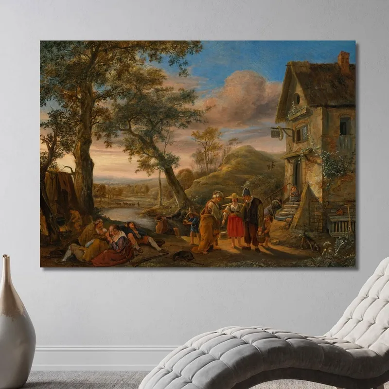 Une Diseuse De Bonne Aventure Et Des Paysans Devant Une Auberge Avec Un Paysage Fluvial En Arrière-Plan Jan Steen tableau