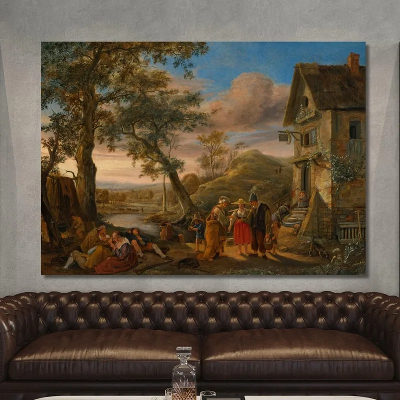 Une Diseuse De Bonne Aventure Et Des Paysans Devant Une Auberge Avec Un Paysage Fluvial En Arrière-Plan Jan Steen tableau