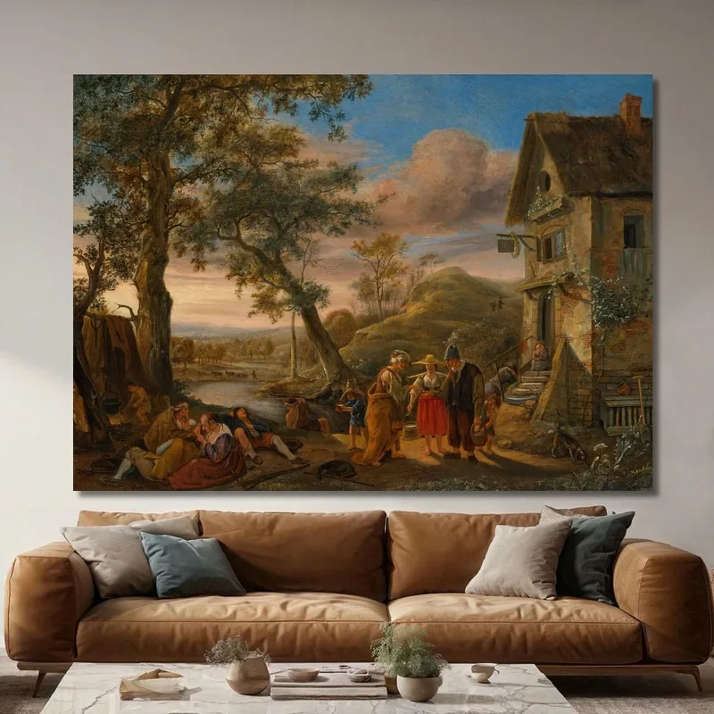 Une Diseuse De Bonne Aventure Et Des Paysans Devant Une Auberge Avec Un Paysage Fluvial En Arrière-Plan Jan Steen tableau