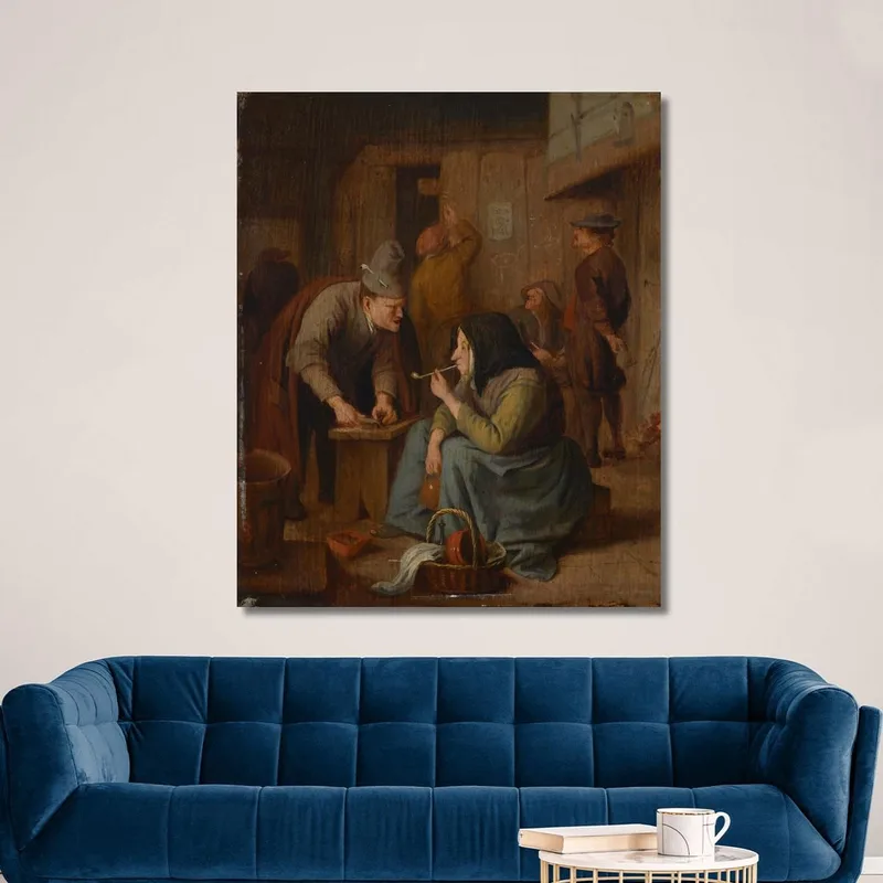 A Tavern Interior With A Woman Smoking A Pipe And A Man Cutting Tobacco Jan Steen