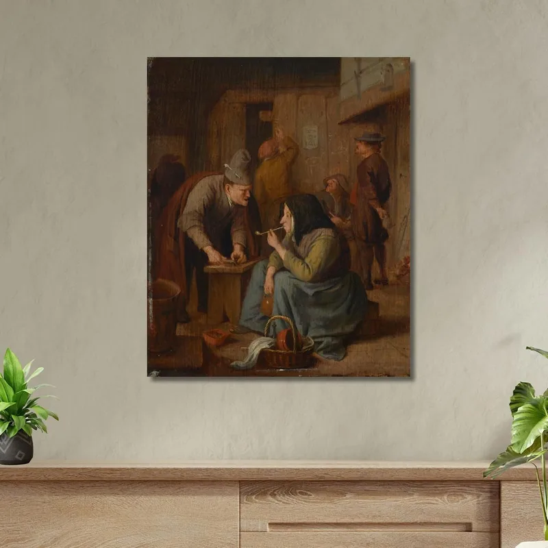 A Tavern Interior With A Woman Smoking A Pipe And A Man Cutting Tobacco Jan Steen