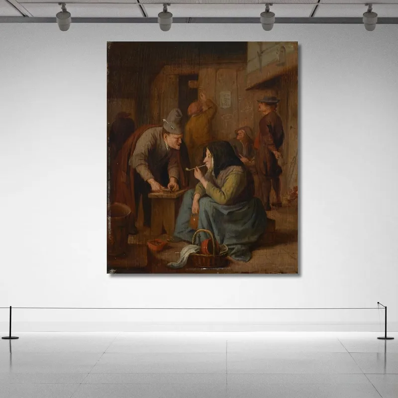 A Tavern Interior With A Woman Smoking A Pipe And A Man Cutting Tobacco Jan Steen