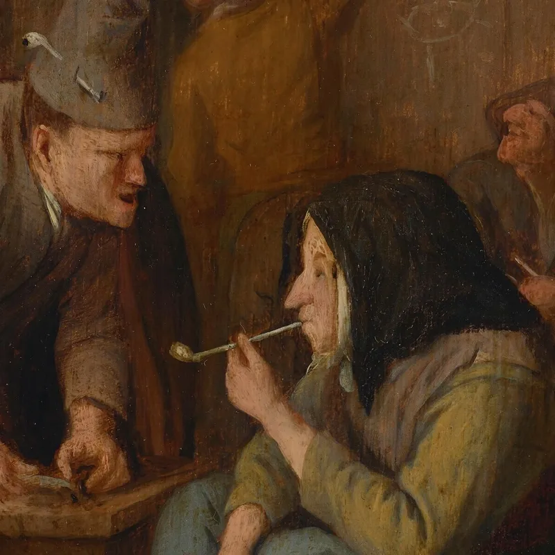 A Tavern Interior With A Woman Smoking A Pipe And A Man Cutting Tobacco Jan Steen