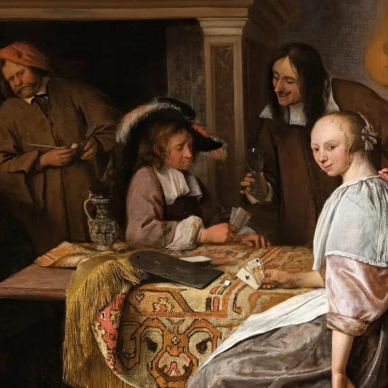 An Elegant Company In An Interior With Figures Playing Cards At A Table Jan Steen