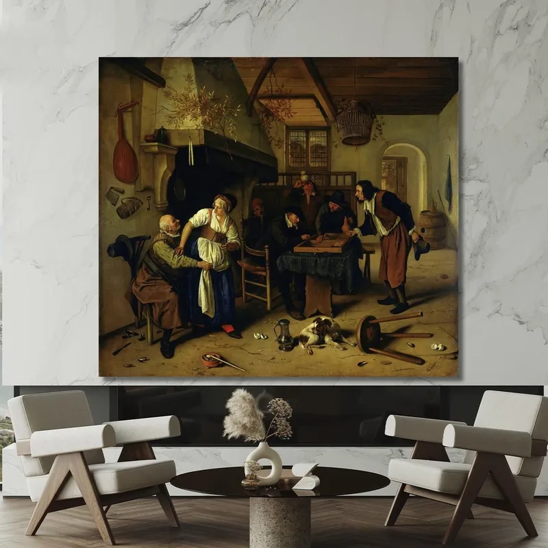 Intérieur D'Une Auberge Avec Un Vieil Homme S'Amusant Avec L'Hôtesse Et Deux Hommes Jouant