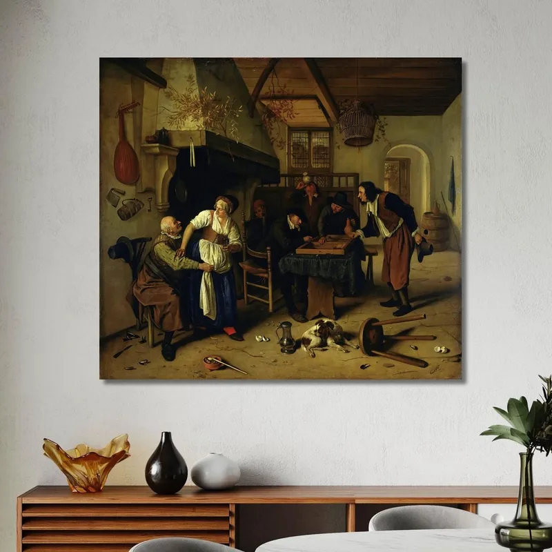 Intérieur D'Une Auberge Avec Un Vieil Homme S'Amusant Avec L'Hôtesse Et Deux Hommes Jouant