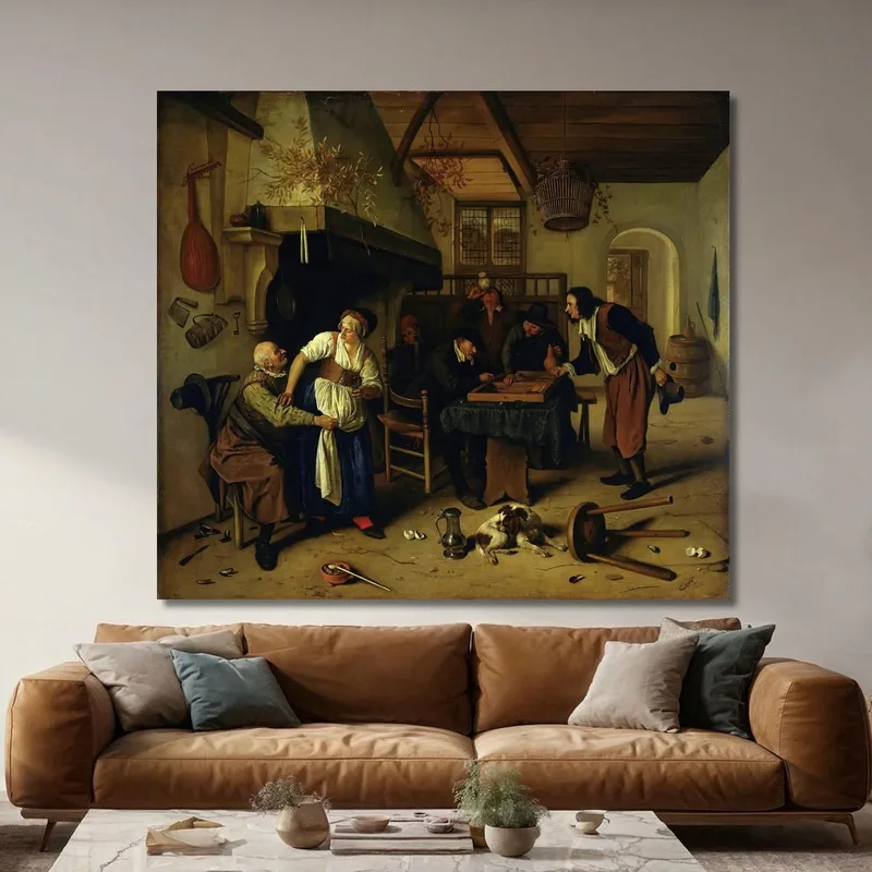 Intérieur D'Une Auberge Avec Un Vieil Homme S'Amusant Avec L'Hôtesse Et Deux Hommes Jouant