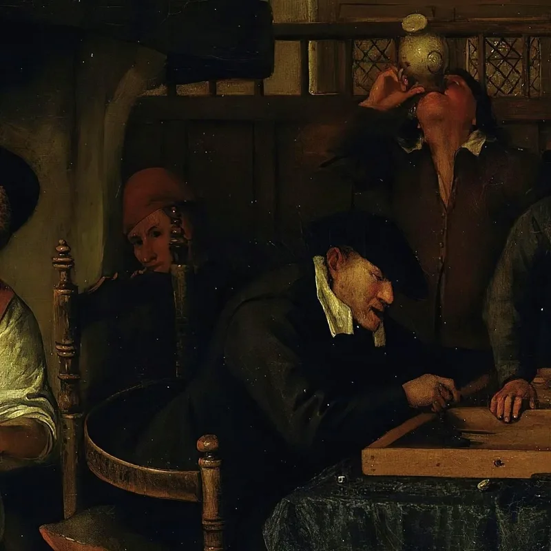 Intérieur D'Une Auberge Avec Un Vieil Homme S'Amusant Avec L'Hôtesse Et Deux Hommes Jouant