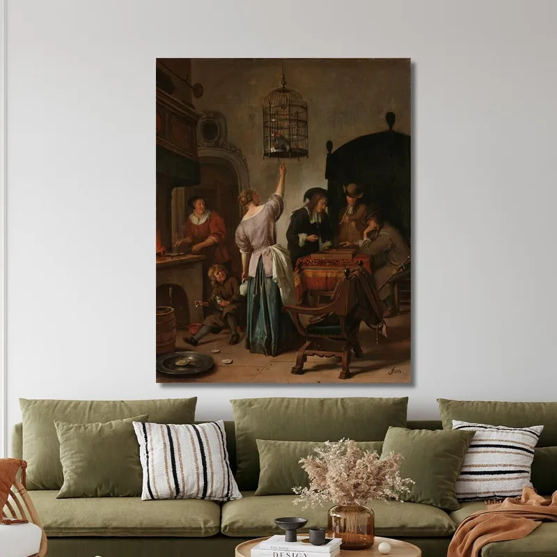 Interieur Mit Einer Frau Die Einen Papagei Füttert Bekannt Als 'Der Papageienkäfig' Jan Steen