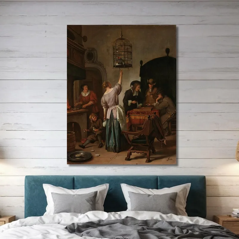 Interieur Mit Einer Frau Die Einen Papagei Füttert Bekannt Als 'Der Papageienkäfig' Jan Steen