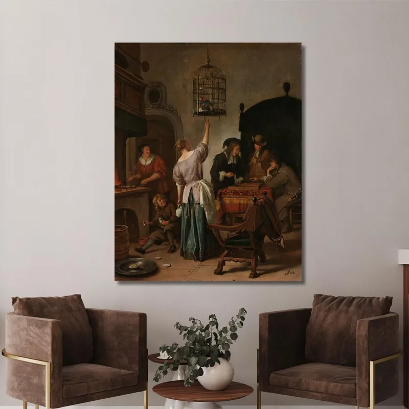 Interieur Mit Einer Frau Die Einen Papagei Füttert Bekannt Als 'Der Papageienkäfig' Jan Steen