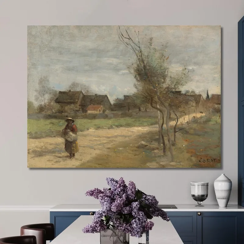 Mujer Campesina En Una Carretera Con Vistas A Un Pueblo Jean-Baptiste-Camille Corot