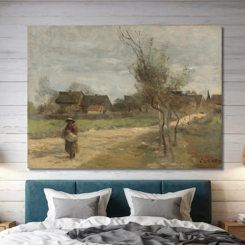 Mujer Campesina En Una Carretera Con Vistas A Un Pueblo Jean-Baptiste-Camille Corot