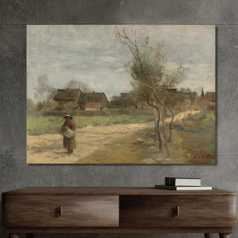 Mujer Campesina En Una Carretera Con Vistas A Un Pueblo Jean-Baptiste-Camille Corot