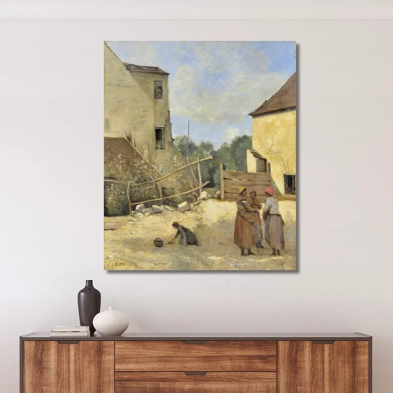 Trois Paysannes Causant Dans Une Cour Rustique Jean-Baptiste-Camille Corot