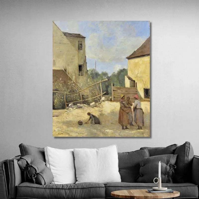 Trois Paysannes Causant Dans Une Cour Rustique Jean-Baptiste-Camille Corot