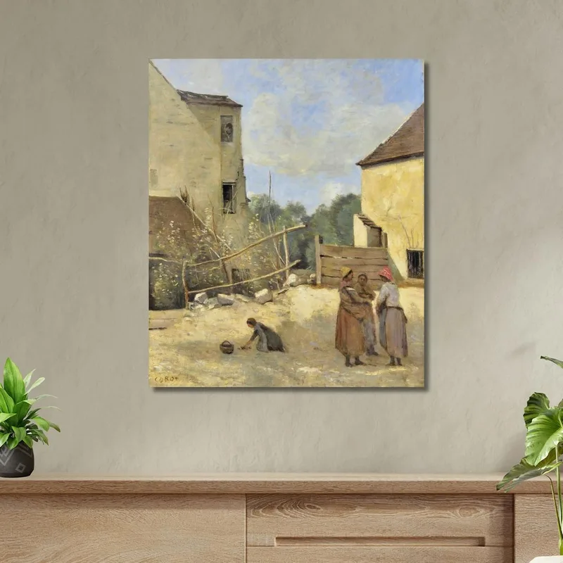 Trois Paysannes Causant Dans Une Cour Rustique Jean-Baptiste-Camille Corot