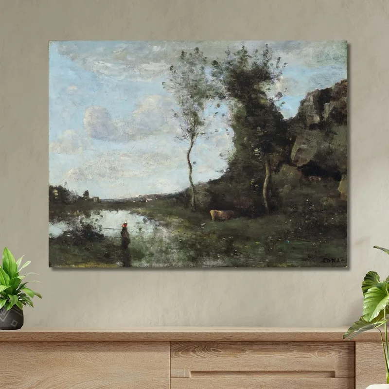Une Paysanne Et Sa Vache À La Mare En Vue D'Un Village Jean-Baptiste-Camille Corot