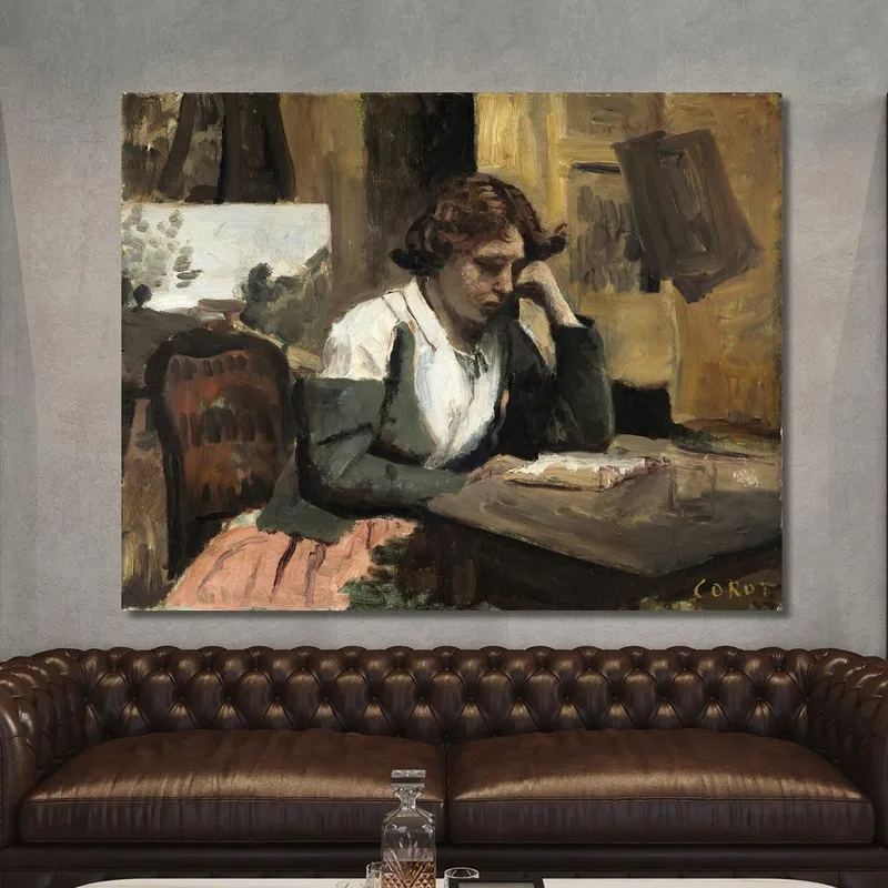 Woman Reading In The Studio Jean-Baptiste-Camille Corot