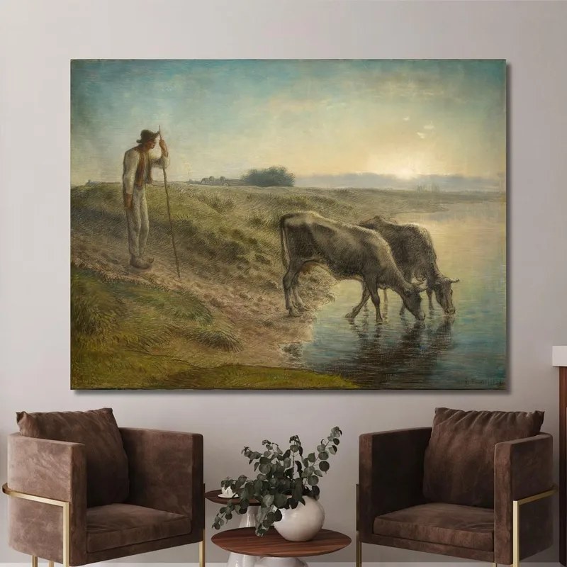 Bauer Tränkt Seine Kühe Am Ufer Des Flusses Allier In Der Abenddämmerung Jean-François Millet