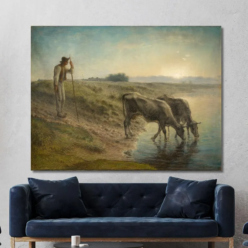 Bauer Tränkt Seine Kühe Am Ufer Des Flusses Allier In Der Abenddämmerung Jean-François Millet