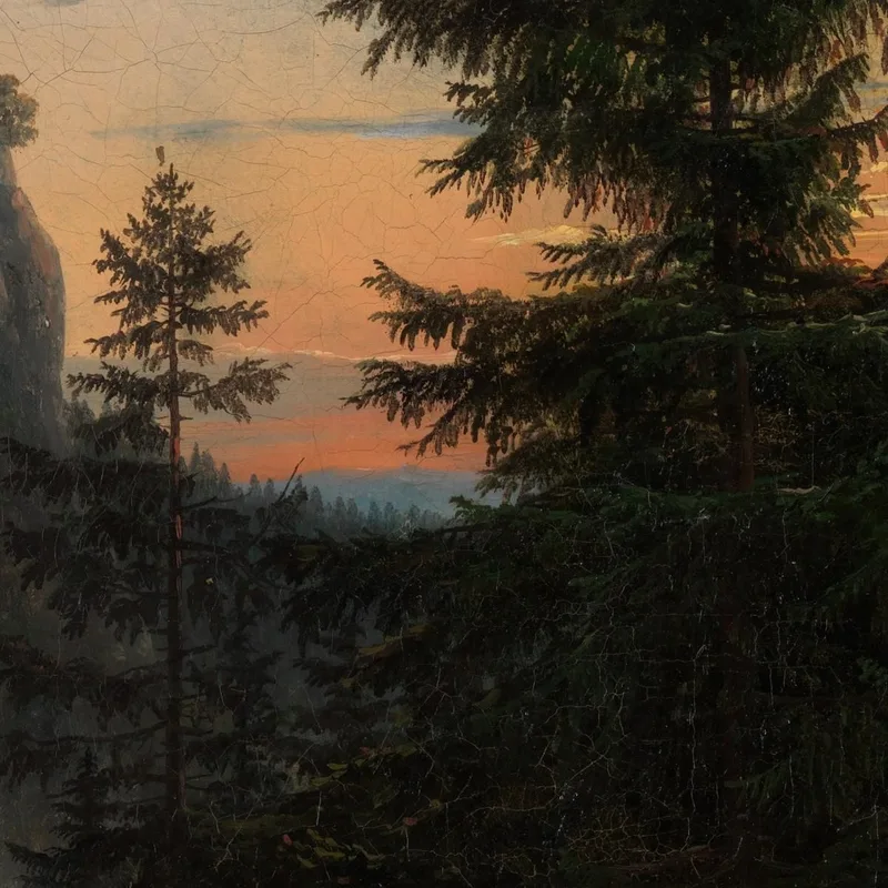 Deux Hommes Devant Une Cascade Au Coucher Du Soleil Johan Christian Dahl