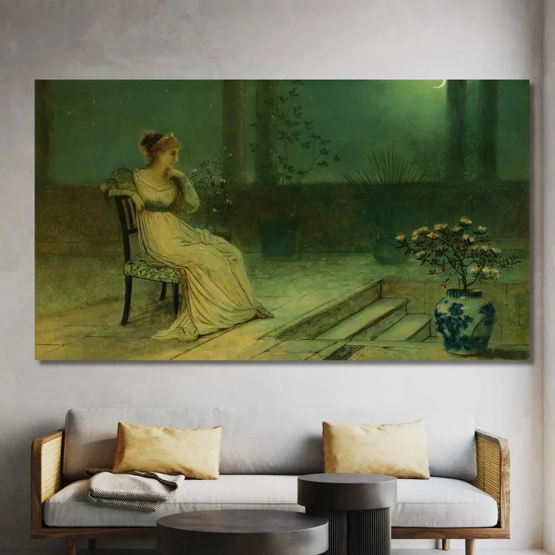 Una Doncella Clásica Sentada En Una Terraza A La Luz De La Luna John Atkinson Grimshaw