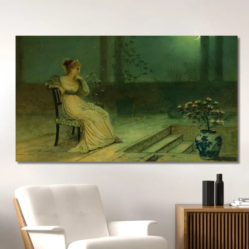 Una Doncella Clásica Sentada En Una Terraza A La Luz De La Luna John Atkinson Grimshaw