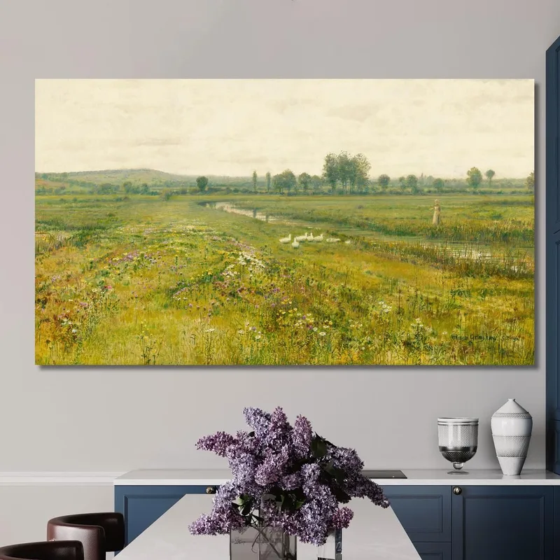 Eine Weite Wiesenlandschaft Mit Gänsen An Einem Bach John Atkinson Grimshaw