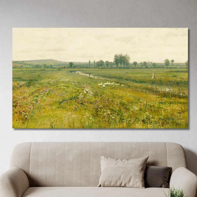 Eine Weite Wiesenlandschaft Mit Gänsen An Einem Bach John Atkinson Grimshaw