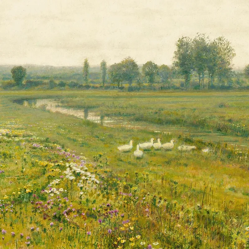 Eine Weite Wiesenlandschaft Mit Gänsen An Einem Bach John Atkinson Grimshaw